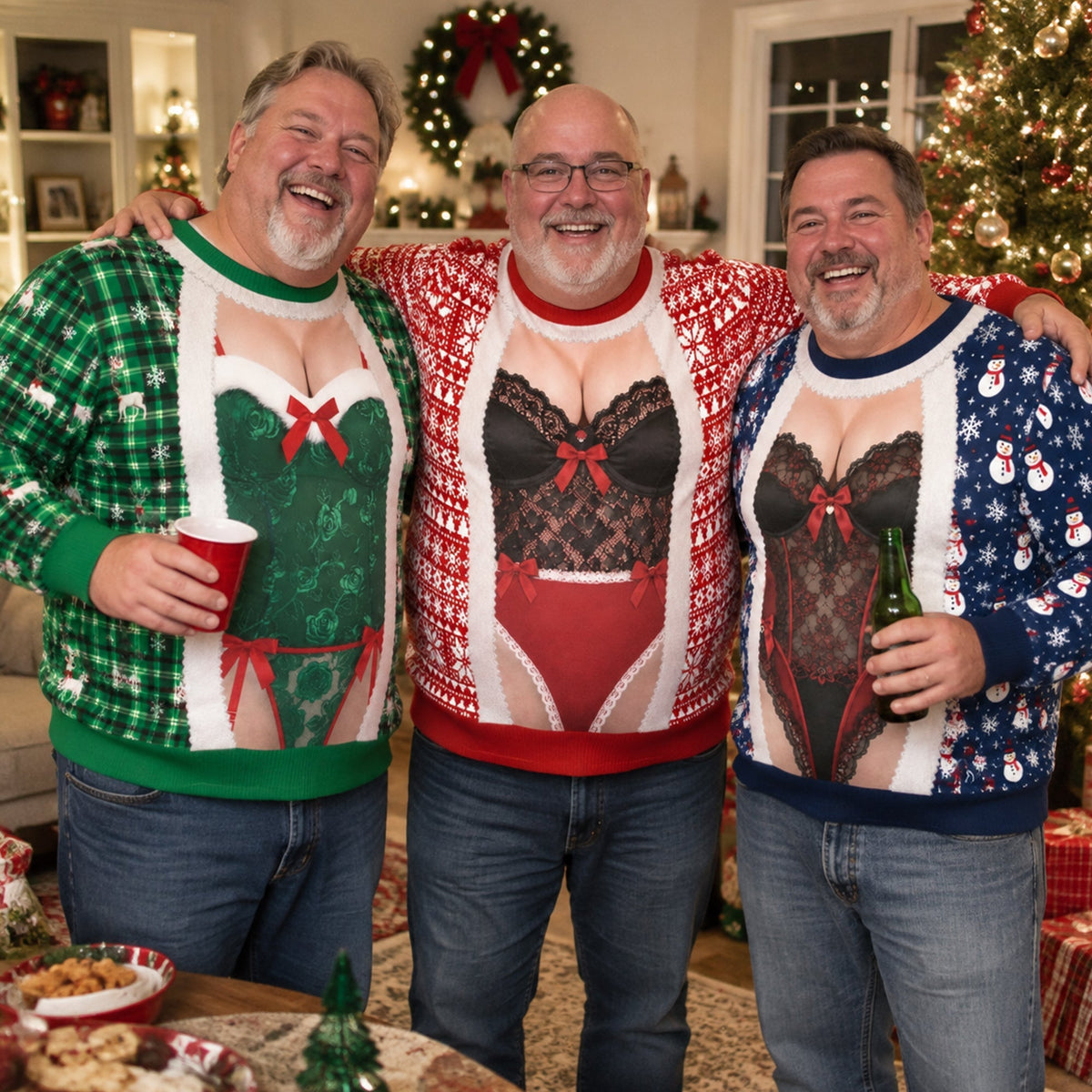 Funny Lace Lingerie Optical Illusion Ugly Christmas Sweater, Hilarious Gag Gift for Men, Personalized Sweater