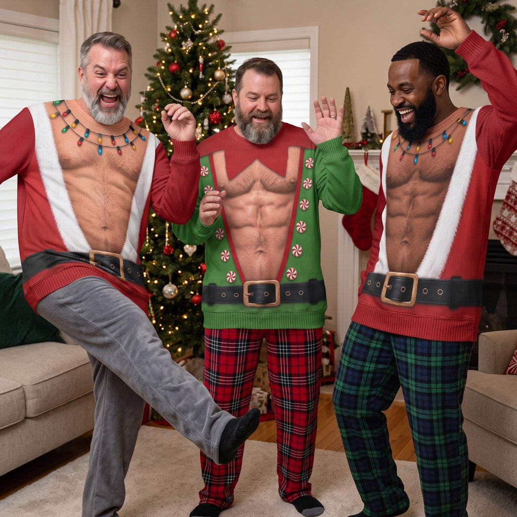 Men's Muscular Santa Suit 3D Illusion Ugly Christmas Sweater, Funny Holiday Sweatshirt