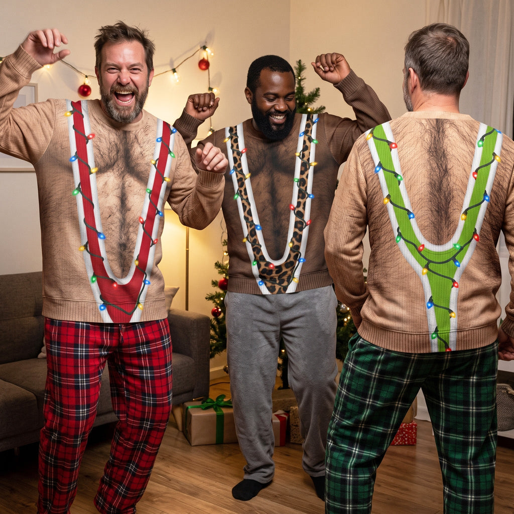 Funny Hairy Torso Suspender Optical Illusion Christmas Sweater, Gag Gift for Men, Holiday Ugly Sweater