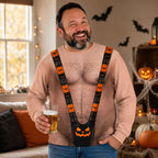 Custom Funny Halloween Ugly Sweatshirt‑Personalized "Spooky Mankini On Full Display" Illusion Crewneck, Pumpkin Mankini Novelty Pullover, Gag Holiday Gift for Husband, Dad, Son, Grandpa, Brother, Yourself