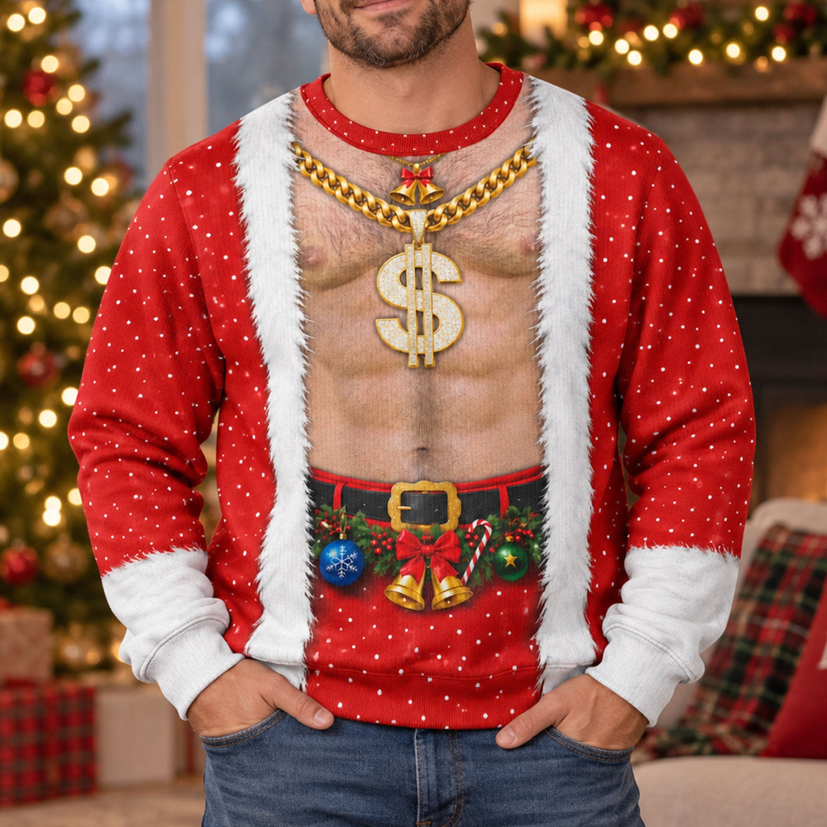 Funny Tattoo Santa Optical Illusion Ugly Christmas Sweater, Hilarious Gag Gift for Men, 3D Realistic Hairy Santa Sweatshirt