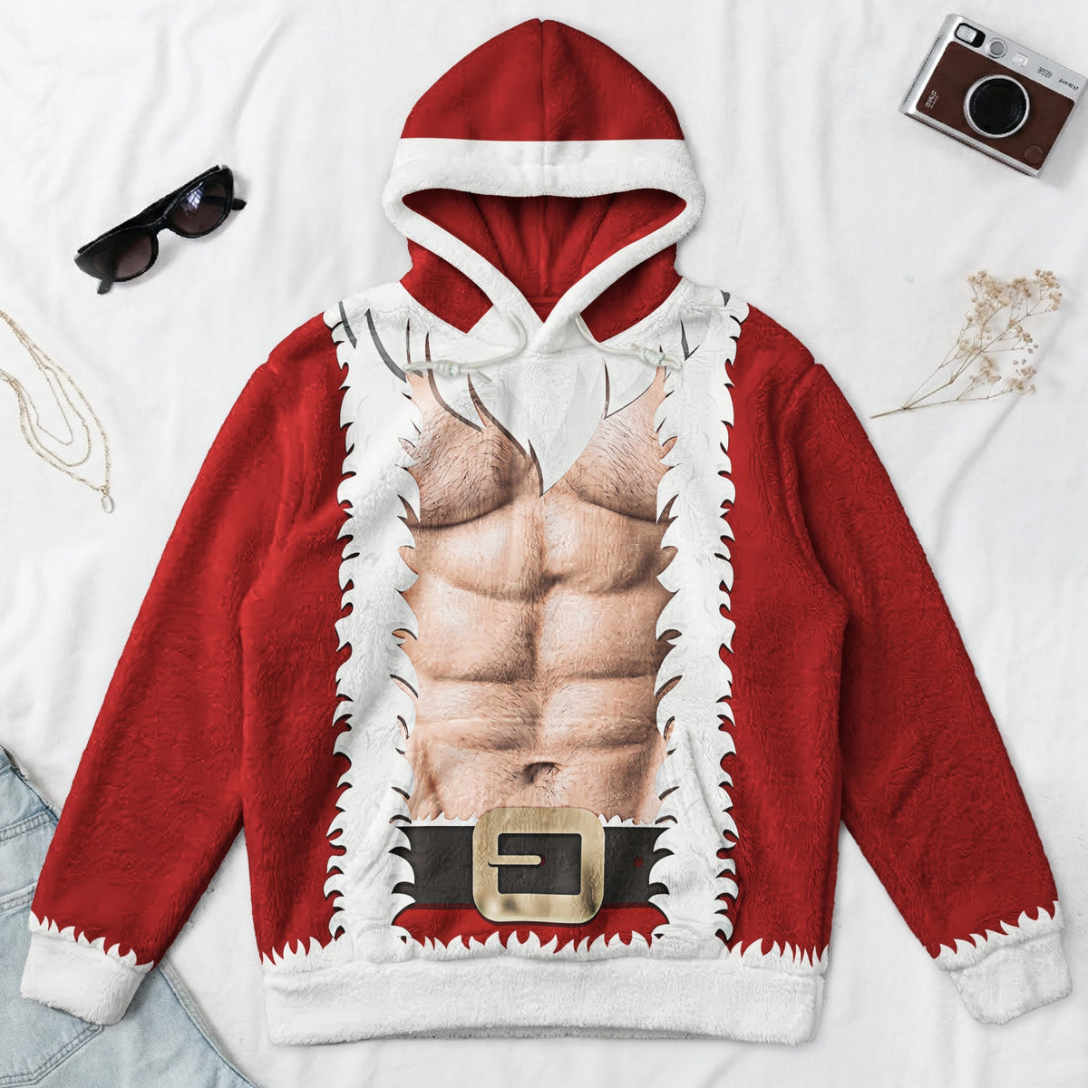 Funny Muscular Santa Optical Illusion Hoodie, Hilarious Gag Gift for Men, Ugly Christmas Sweater Party Outfit