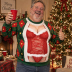 Funny Lace Lingerie Optical Illusion Ugly Christmas Sweater, Hilarious Gag Gift for Men, Personalized Sweater