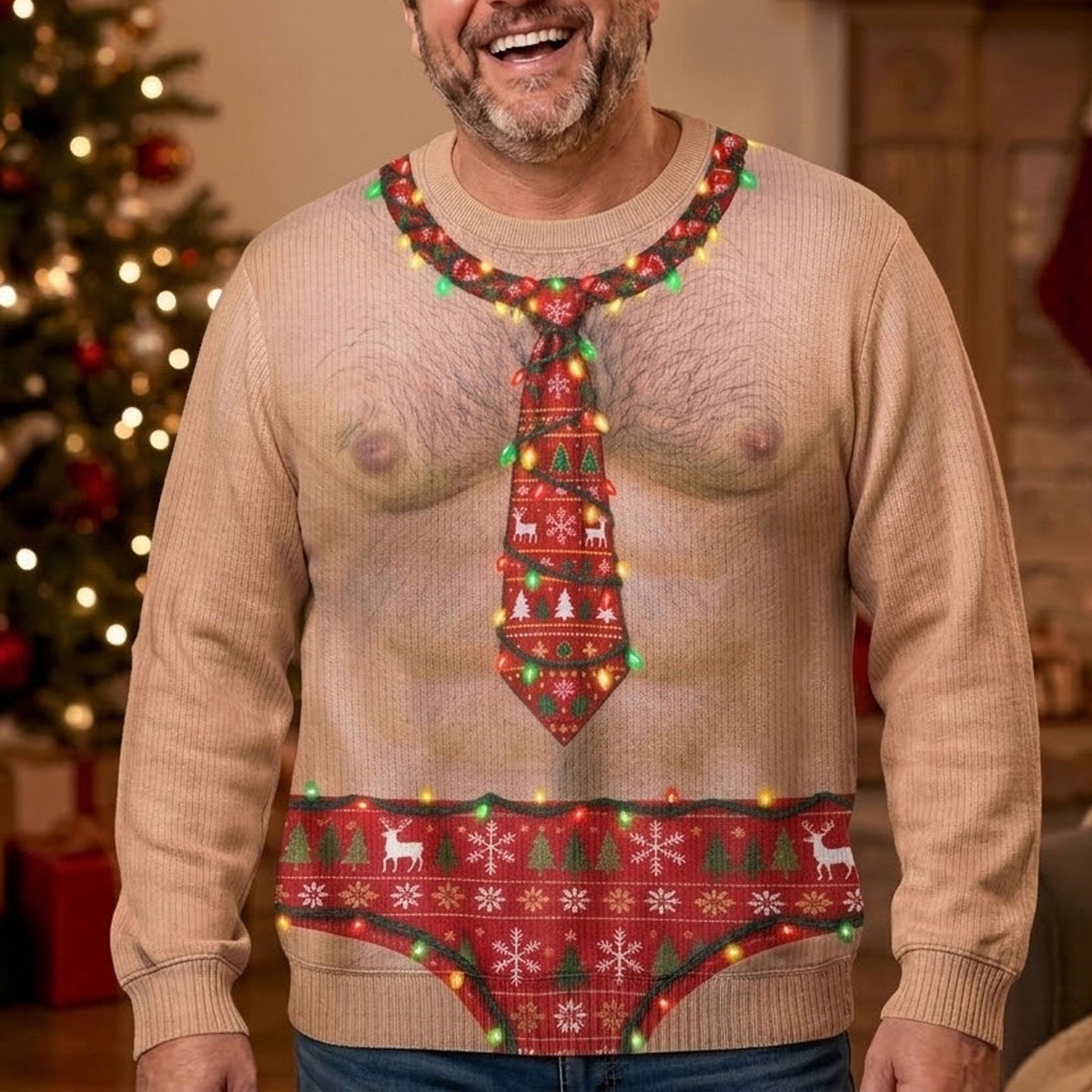 Funny Optical Illusion Ugly Christmas Sweater, Hilarious Gag Gift for Men, Tie & String Light Print Jumper