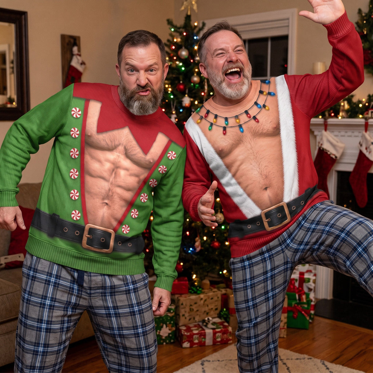 Men's Muscular Santa Suit 3D Illusion Ugly Christmas Sweater, Funny Holiday Sweatshirt