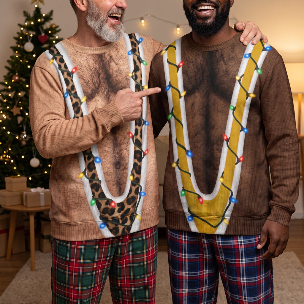 Funny Hairy Torso Suspender Optical Illusion Christmas Sweater, Gag Gift for Men, Holiday Ugly Sweater