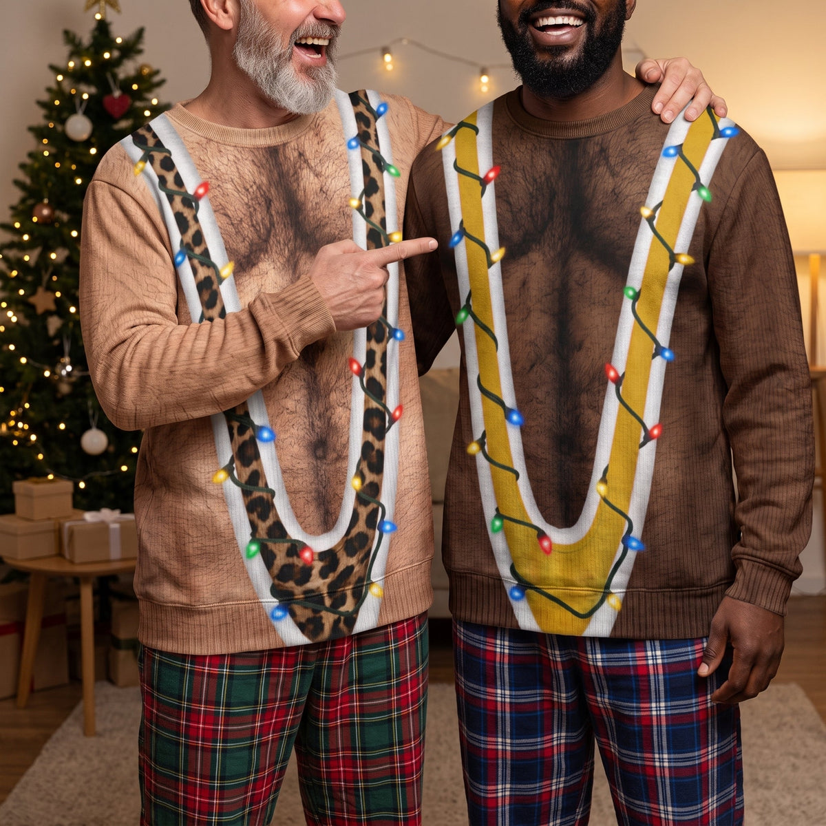 Funny Hairy Torso Suspender Optical Illusion Christmas Sweater, Gag Gift for Men, Holiday Ugly Sweater