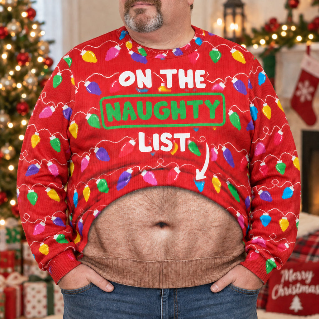 Funny Naughty List Belly Optical Illusion Ugly Christmas Sweater, Hilarious Gag Gift for Men