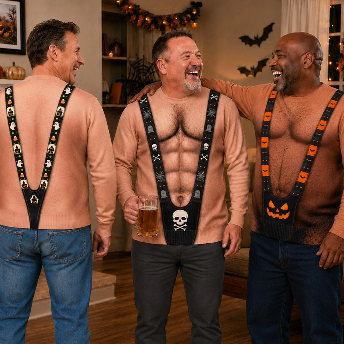 Custom Funny Halloween Ugly Sweatshirt‑Personalized "Spooky Mankini On Full Display" Illusion Crewneck, Pumpkin Mankini Novelty Pullover, Gag Holiday Gift for Husband, Dad, Son, Grandpa, Brother, Yourself