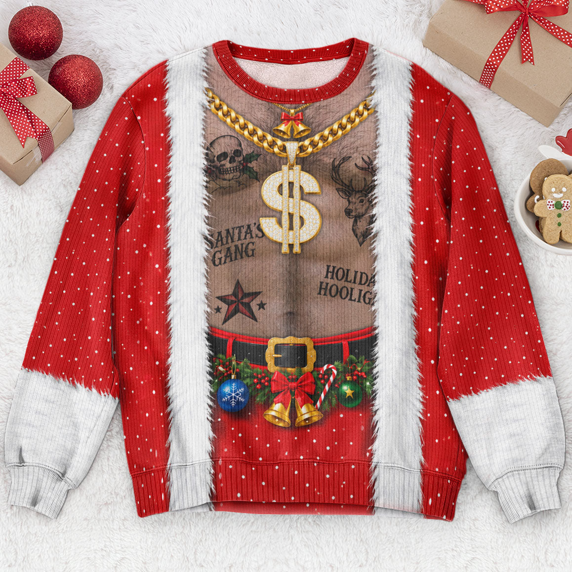 Funny Tattoo Santa Optical Illusion Ugly Christmas Sweater, Hilarious Gag Gift for Men, 3D Realistic Hairy Santa Sweatshirt