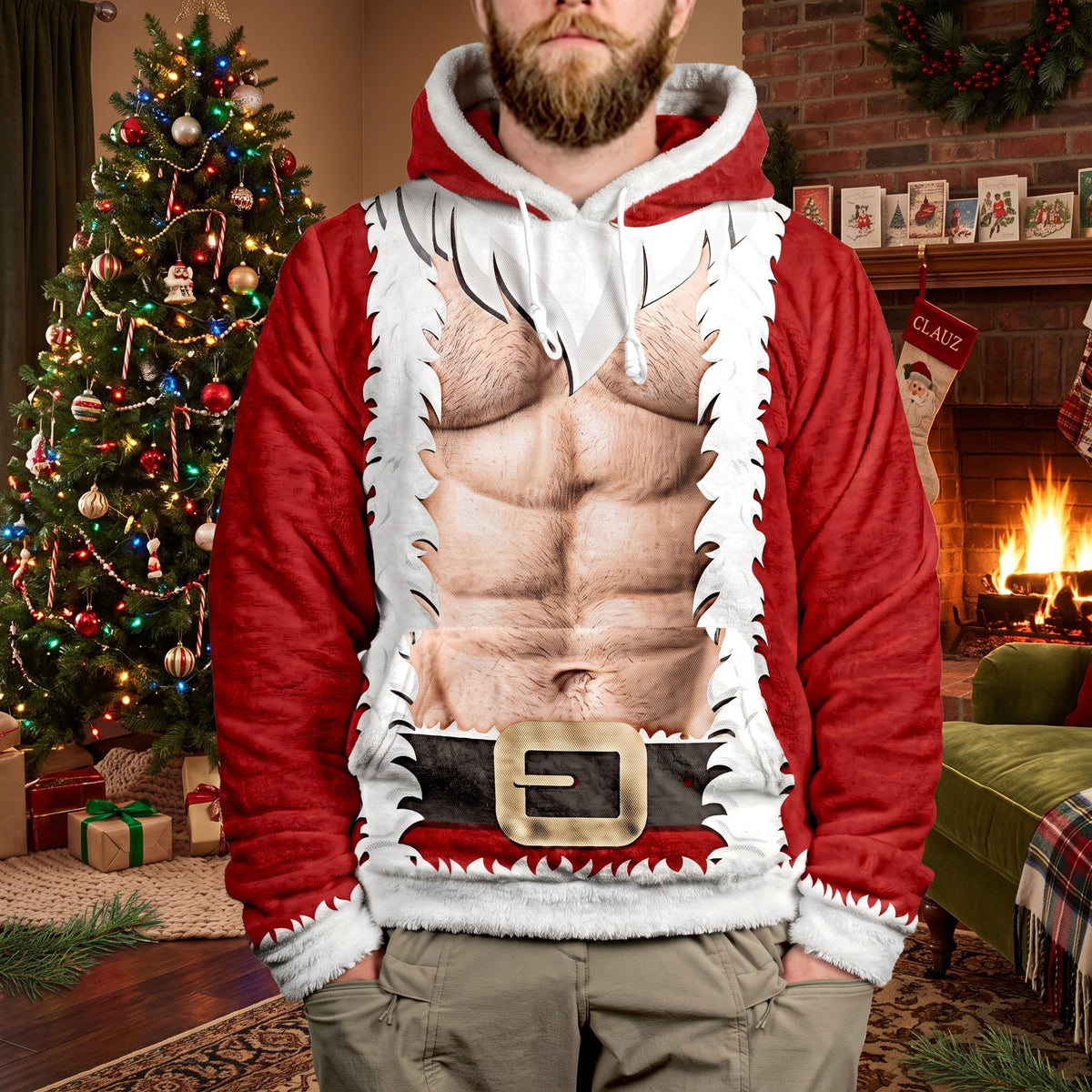 Funny Muscular Santa Optical Illusion Hoodie, Hilarious Gag Gift for Men, Ugly Christmas Sweater Party Outfit