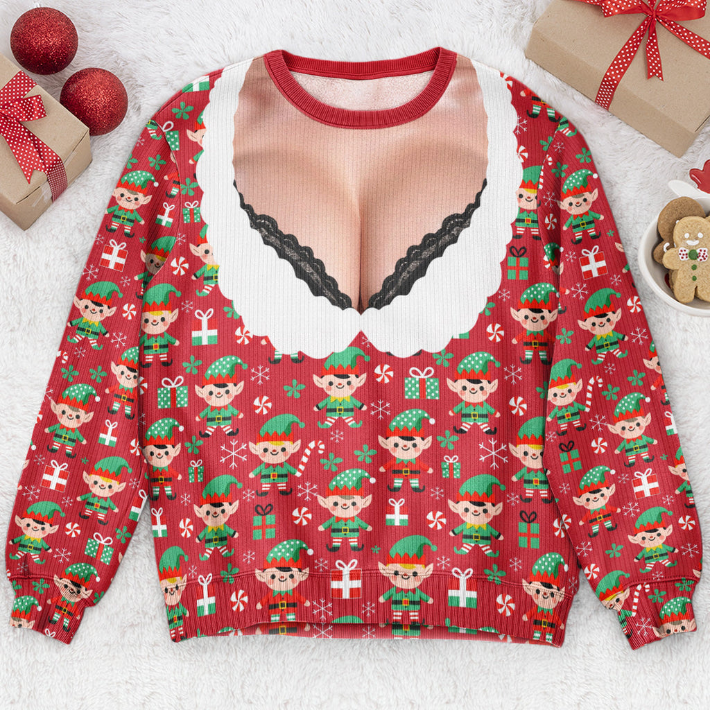 Funny Lace Deep V Bust Optical Illusion Ugly Christmas Sweater, Hilarious Gag Gift for Women, Argyle Plaid Ho Ho Ho Print Jumper