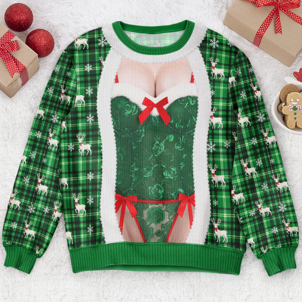 Funny Lace Lingerie Optical Illusion Ugly Christmas Sweater, Hilarious Gag Gift for Men, Personalized Sweater