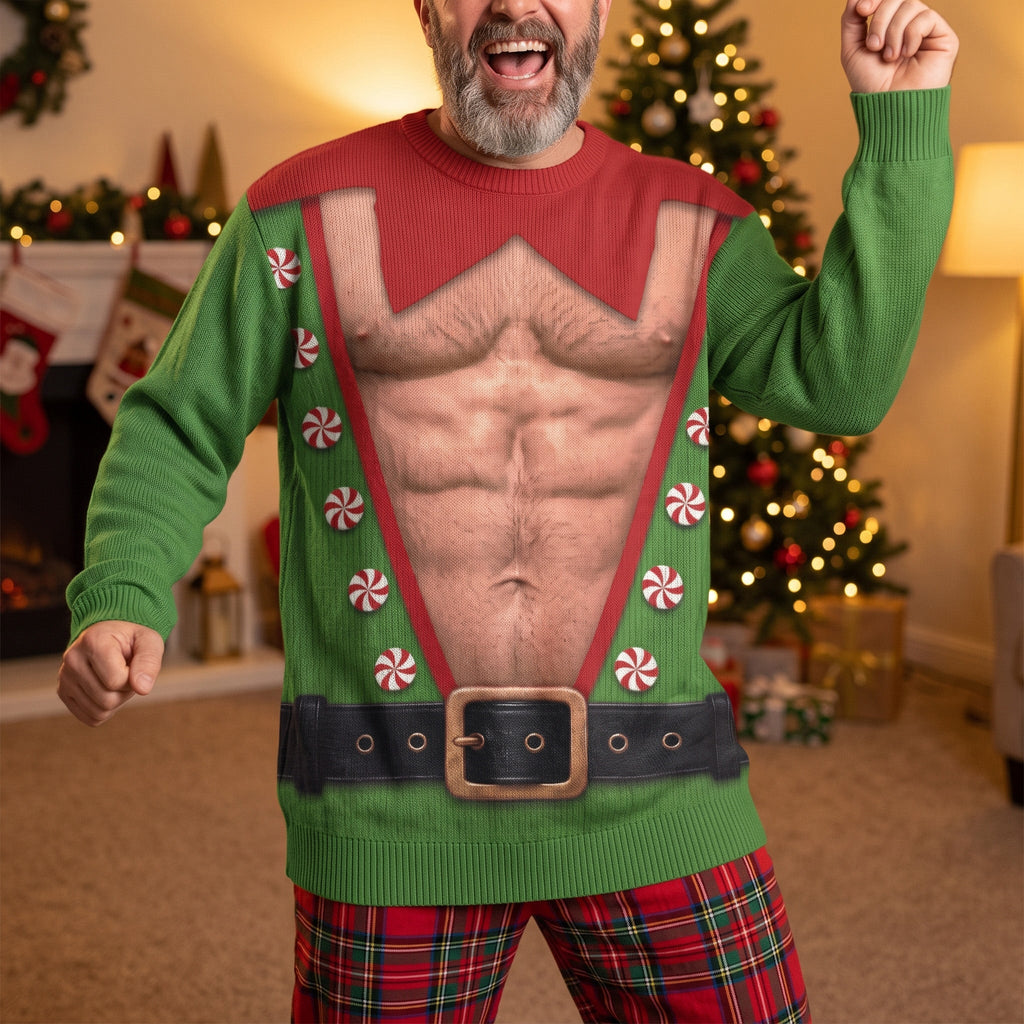 Men's Muscular Santa Suit 3D Illusion Ugly Christmas Sweater, Funny Holiday Sweatshirt