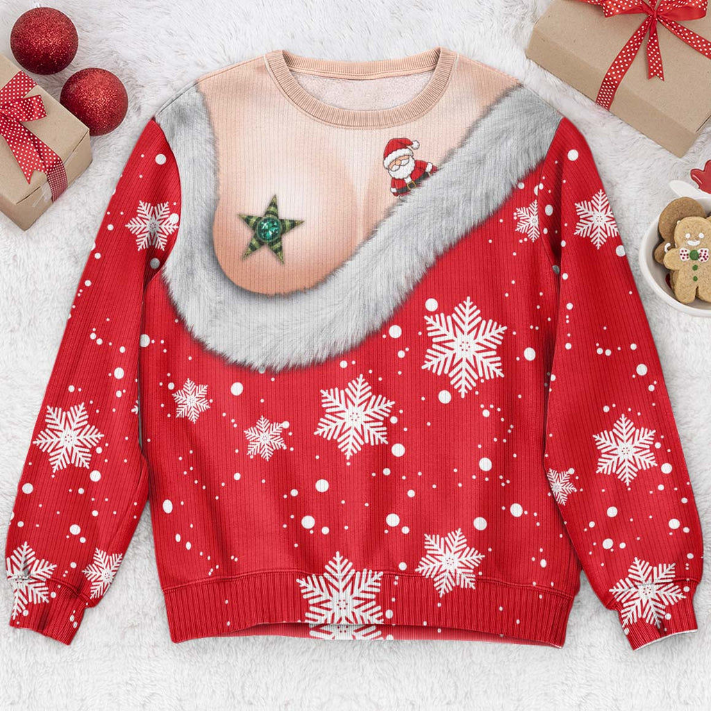 Funny Santa Bust Optical Illusion Christmas Sweater, 3D Illusion Ugly Sweater, Hilarious Gag Gift for Women