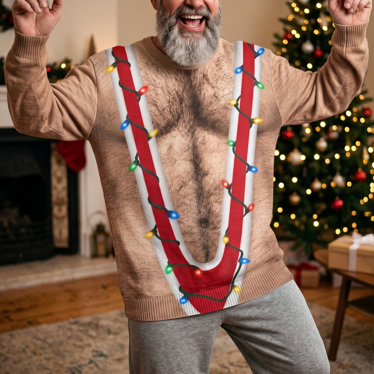 Funny Hairy Torso Suspender Optical Illusion Christmas Sweater, Gag Gift for Men, Holiday Ugly Sweater