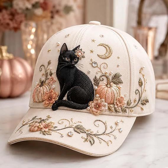 Vintage Gothic Halloween Baseball Cap, Floral Bat Moon Witch Pumpkin Black Cat Printed Dad Hat, Spooky Season Hat Gift