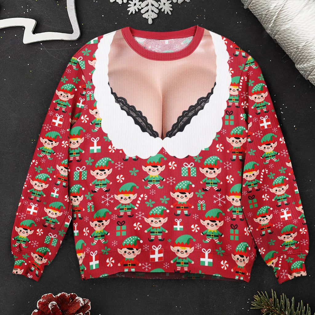 Funny Lace Deep V Bust Optical Illusion Ugly Christmas Sweater, Hilarious Gag Gift for Women, Argyle Plaid Ho Ho Ho Print Jumper