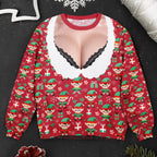 Funny Lace Deep V Bust Optical Illusion Ugly Christmas Sweater, Hilarious Gag Gift for Women, Argyle Plaid Ho Ho Ho Print Jumper