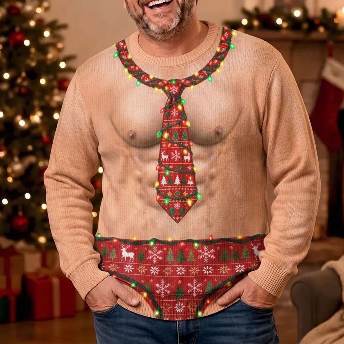 Funny Optical Illusion Ugly Christmas Sweater, Hilarious Gag Gift for Men, Tie & String Light Print Jumper