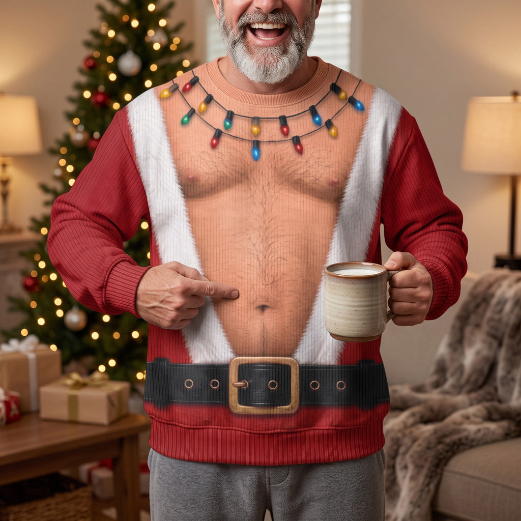 Men's Muscular Santa Suit 3D Illusion Ugly Christmas Sweater, Funny Holiday Sweatshirt