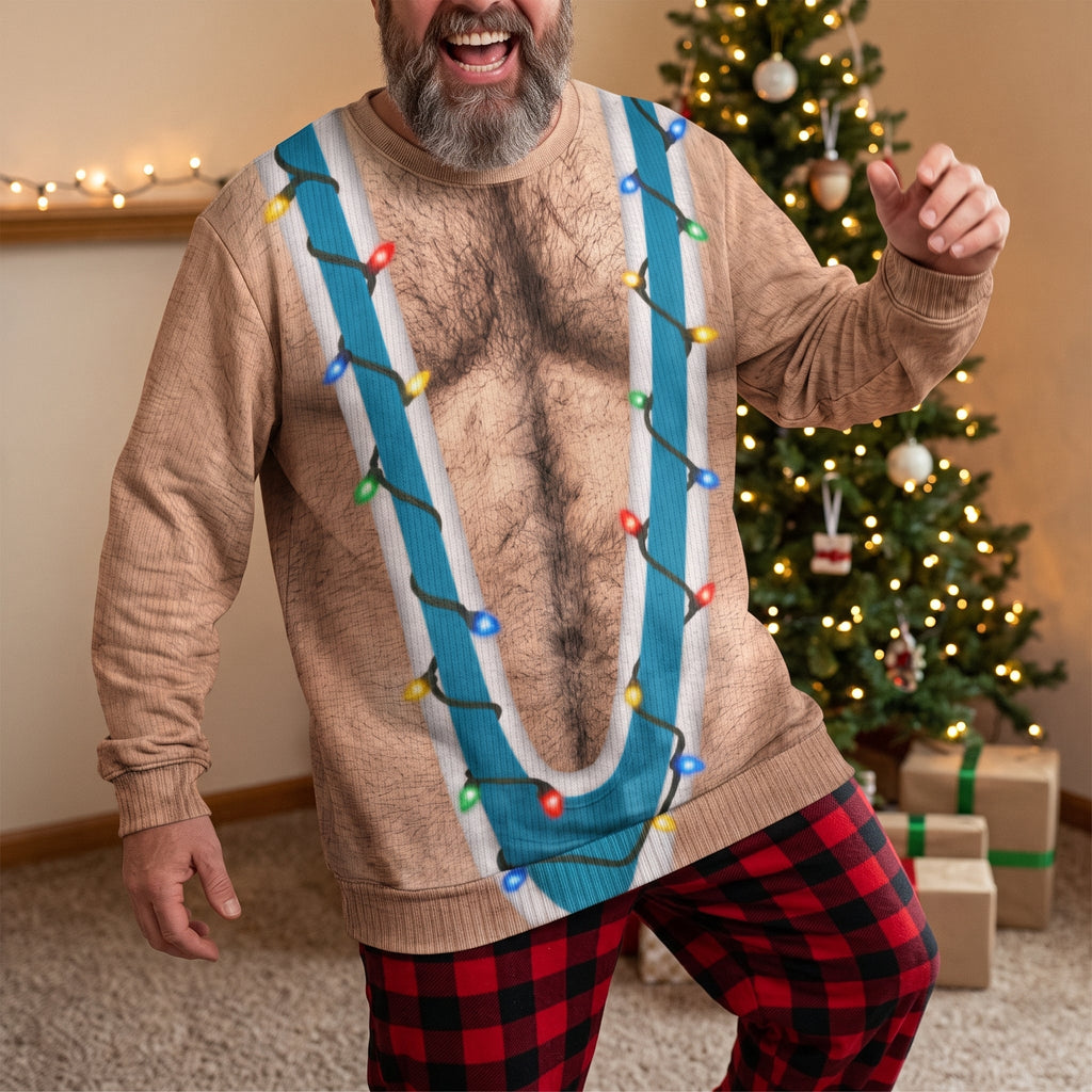 Funny Hairy Torso Suspender Optical Illusion Christmas Sweater, Gag Gift for Men, Holiday Ugly Sweater