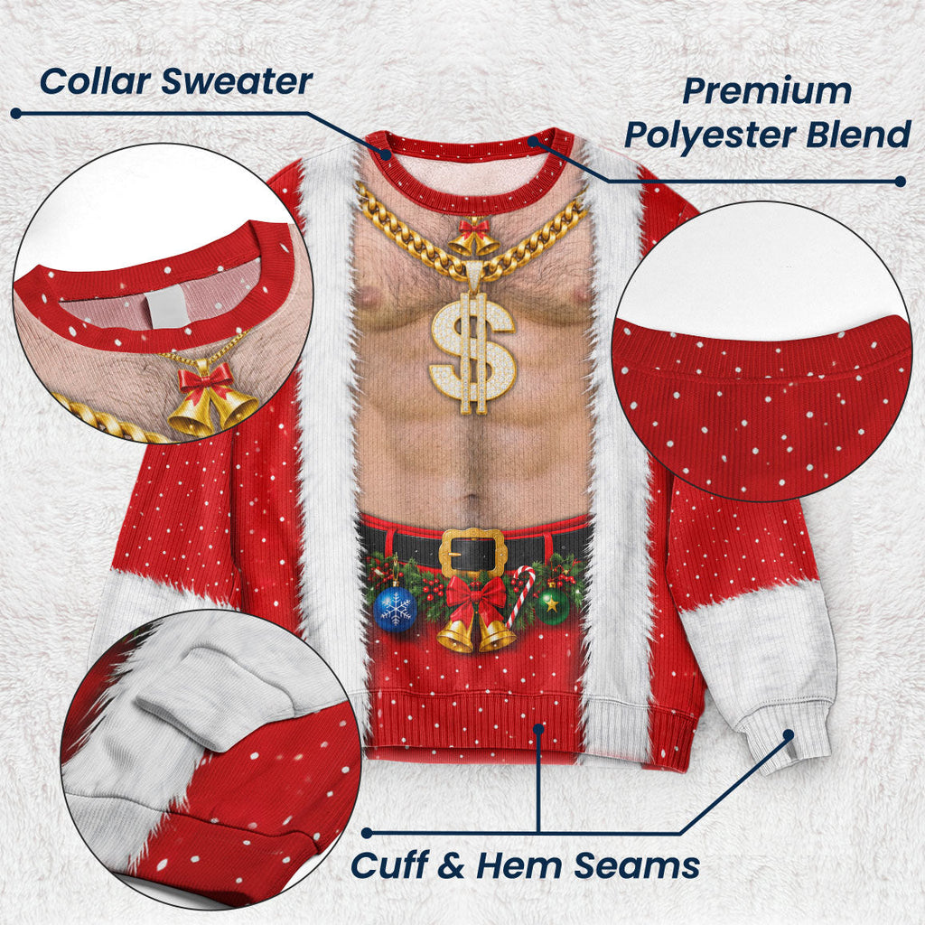 Funny Tattoo Santa Optical Illusion Ugly Christmas Sweater, Hilarious Gag Gift for Men, 3D Realistic Hairy Santa Sweatshirt