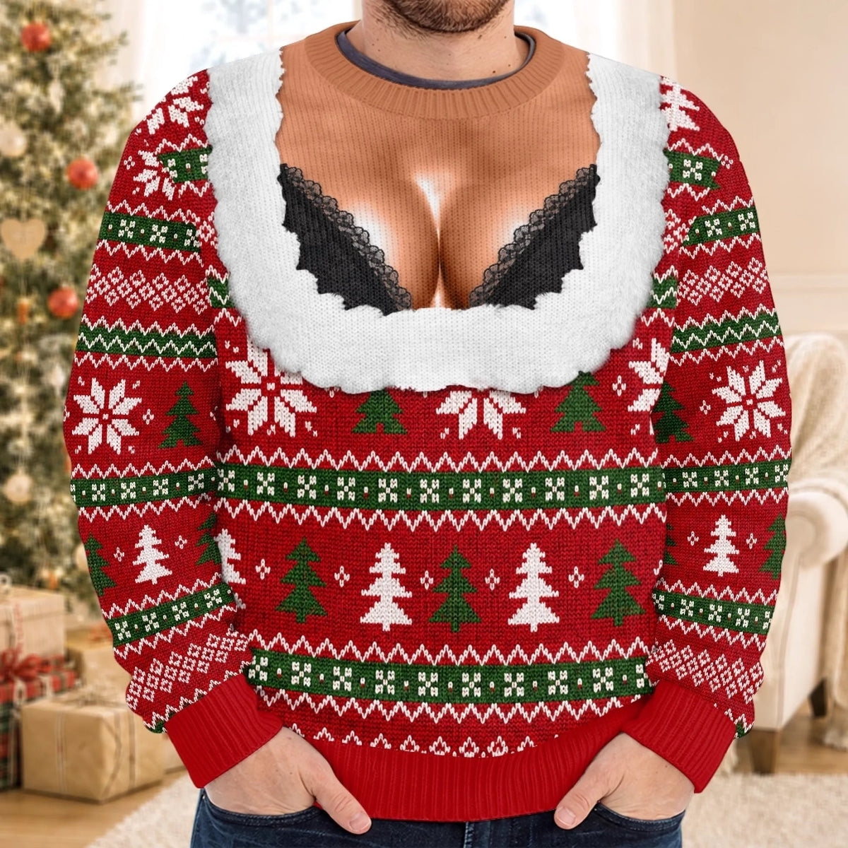 Custom Funny Ugly Christmas Sweatshirt‑Personalized "Light Up The Holiday Party" Illusion Crewneck, Novelty Lingerie‑Style Pullover, Gag Holiday Gift for Husband, Dad, Son, Grandpa, Brother, Yourself