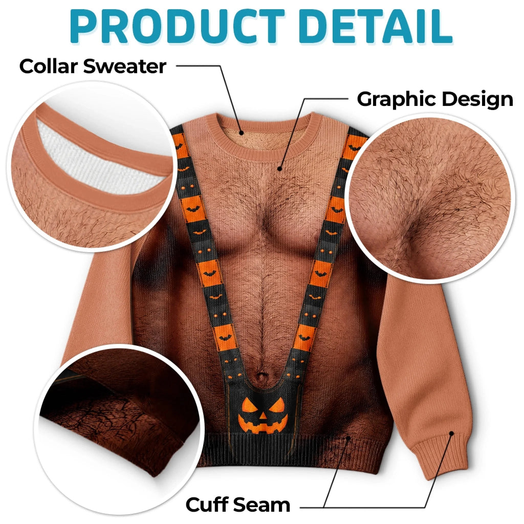 Custom Funny Halloween Ugly Sweatshirt‑Personalized "Spooky Mankini On Full Display" Illusion Crewneck, Pumpkin Mankini Novelty Pullover, Gag Holiday Gift for Husband, Dad, Son, Grandpa, Brother, Yourself