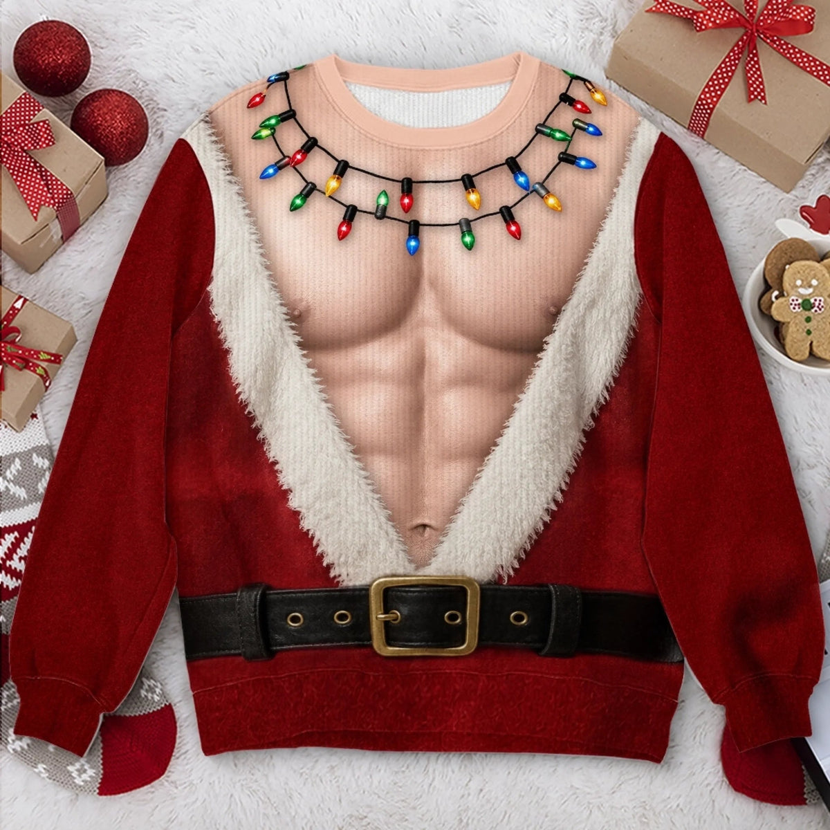 Custom Funny Ugly Christmas Sweatshirt‑Personalized "Santa Abs On Full Display Today" Crewneck, Novelty Fake Chest Illusion Holiday Gift for Husband, Dad, Son, Grandpa, Brother, Yourself