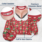 Funny Lace Deep V Bust Optical Illusion Ugly Christmas Sweater, Hilarious Gag Gift for Women, Argyle Plaid Ho Ho Ho Print Jumper