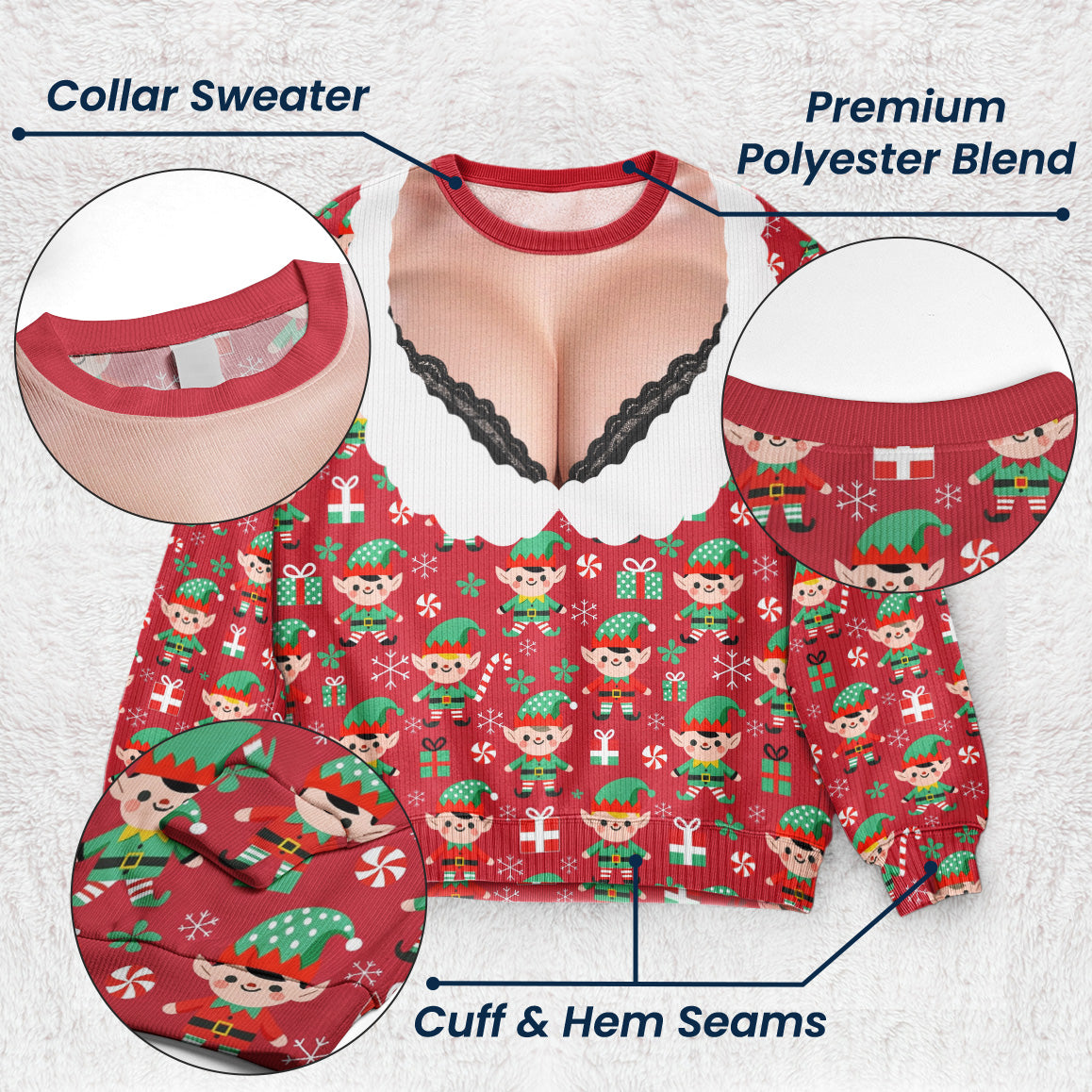 Funny Lace Deep V Bust Optical Illusion Ugly Christmas Sweater, Hilarious Gag Gift for Women, Argyle Plaid Ho Ho Ho Print Jumper