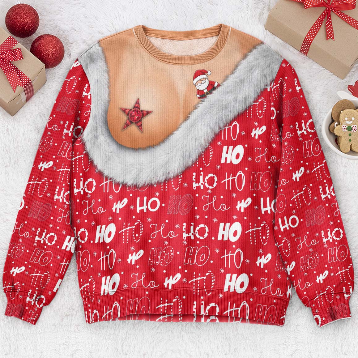 Funny Santa Bust Optical Illusion Christmas Sweater, 3D Illusion Ugly Sweater, Hilarious Gag Gift for Women