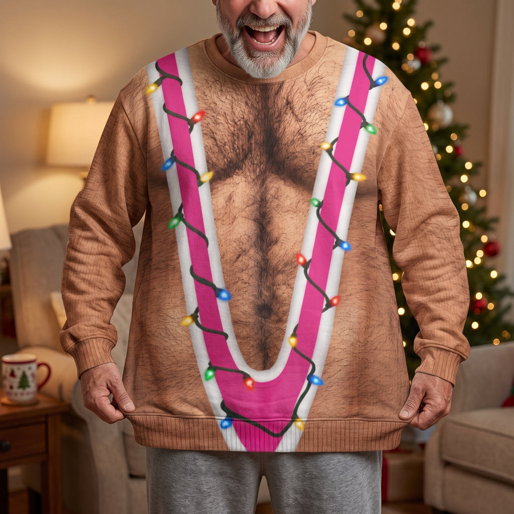 Funny Hairy Torso Suspender Optical Illusion Christmas Sweater, Gag Gift for Men, Holiday Ugly Sweater