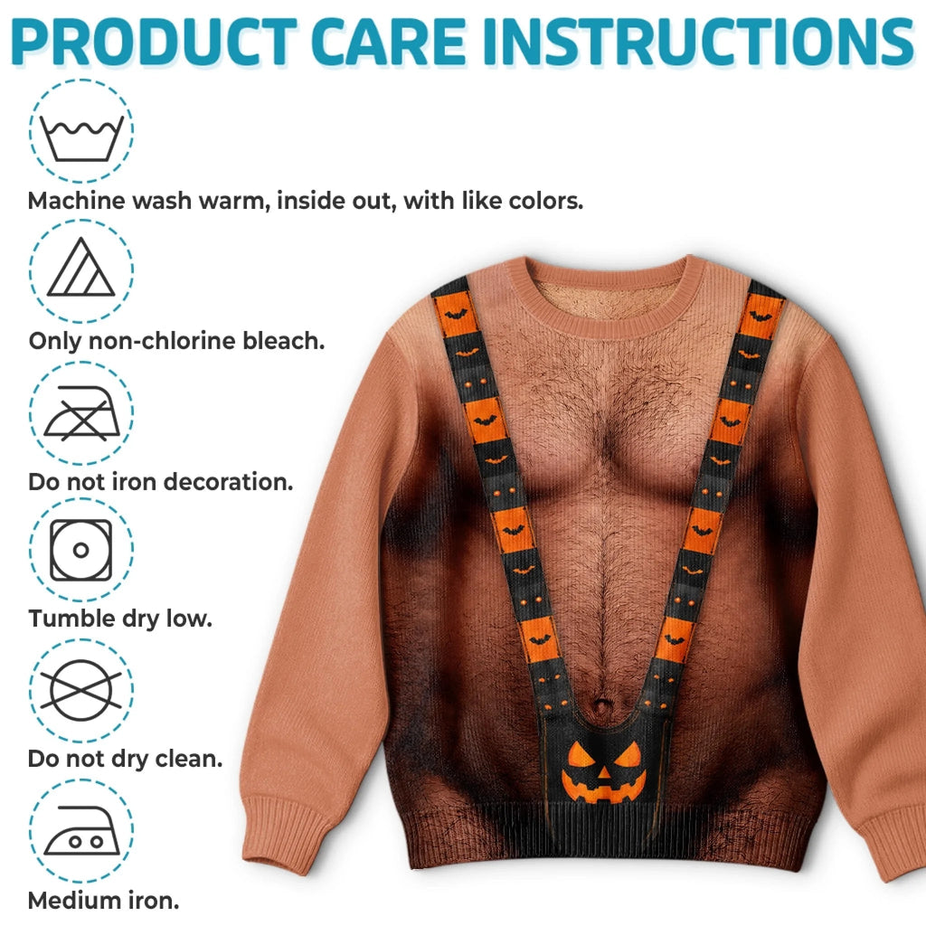Custom Funny Halloween Ugly Sweatshirt‑Personalized "Spooky Mankini On Full Display" Illusion Crewneck, Pumpkin Mankini Novelty Pullover, Gag Holiday Gift for Husband, Dad, Son, Grandpa, Brother, Yourself