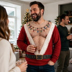 Custom Funny Ugly Christmas Sweatshirt‑Personalized "Santa Abs On Full Display Today" Crewneck, Novelty Fake Chest Illusion Holiday Gift for Husband, Dad, Son, Grandpa, Brother, Yourself