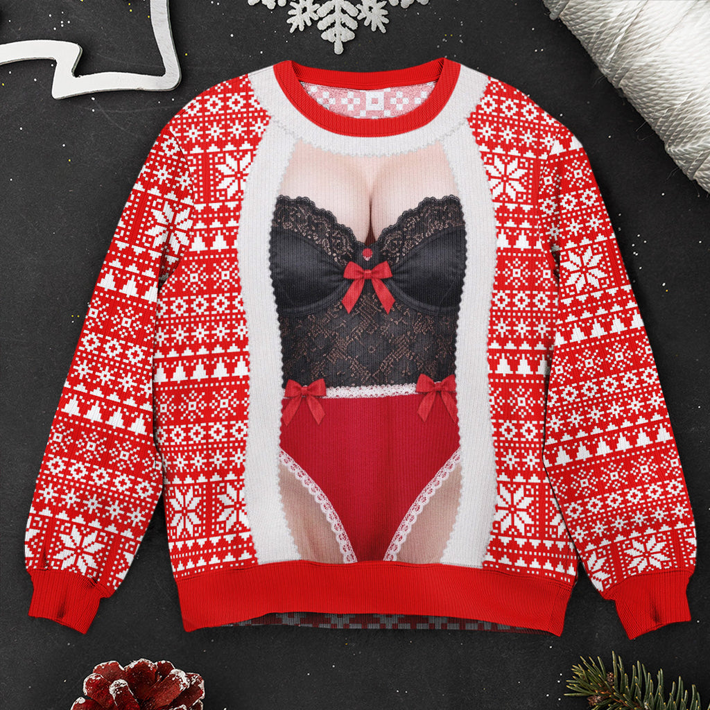 Funny Lace Lingerie Optical Illusion Ugly Christmas Sweater, Hilarious Gag Gift for Men, Personalized Sweater