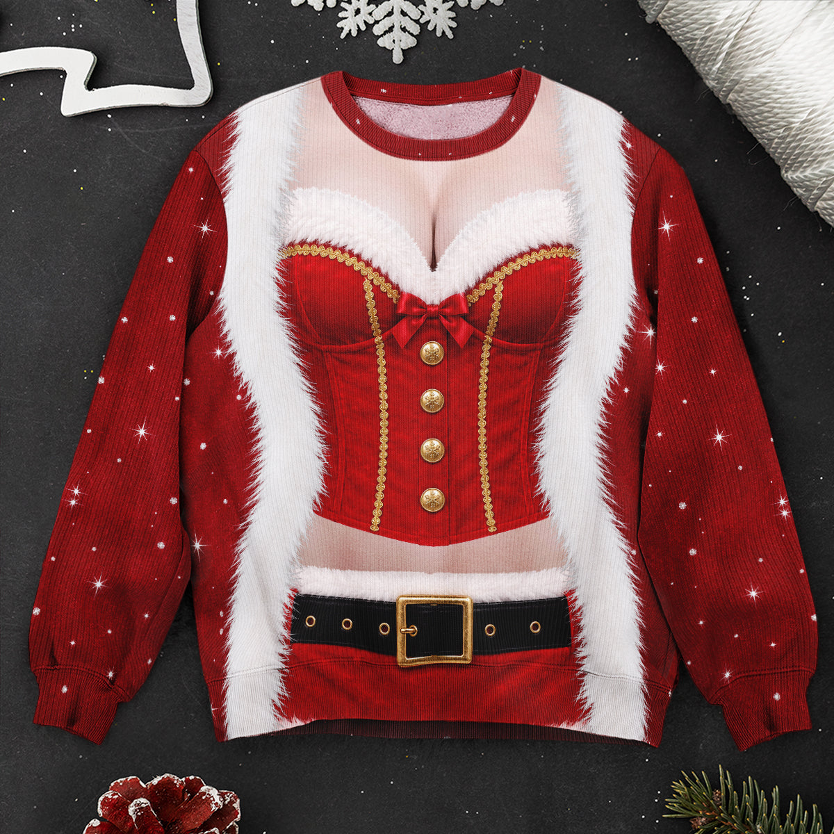 Funny Santa Outfit Illusion Christmas Ugly Sweater, Novelty Gag Holiday Gift for Women