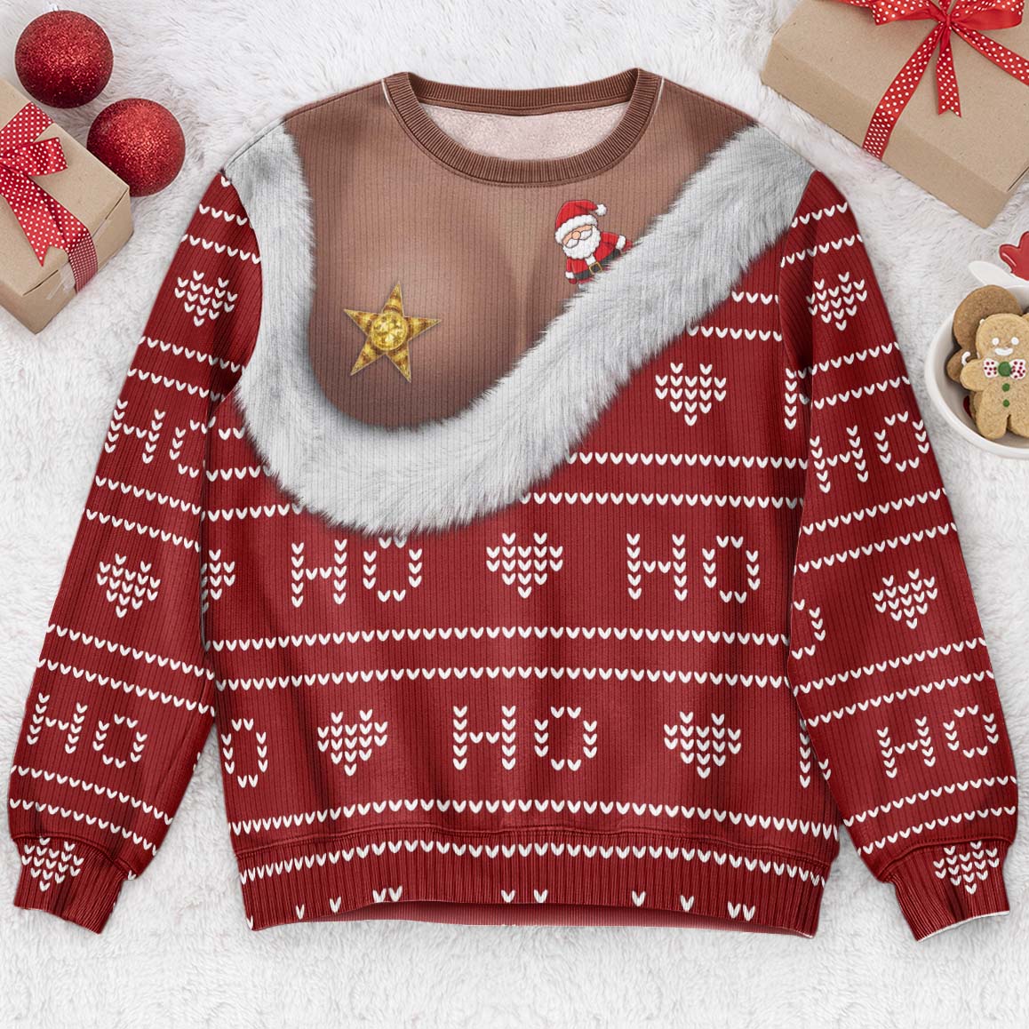 Funny Santa Bust Optical Illusion Christmas Sweater, 3D Illusion Ugly Sweater, Hilarious Gag Gift for Women