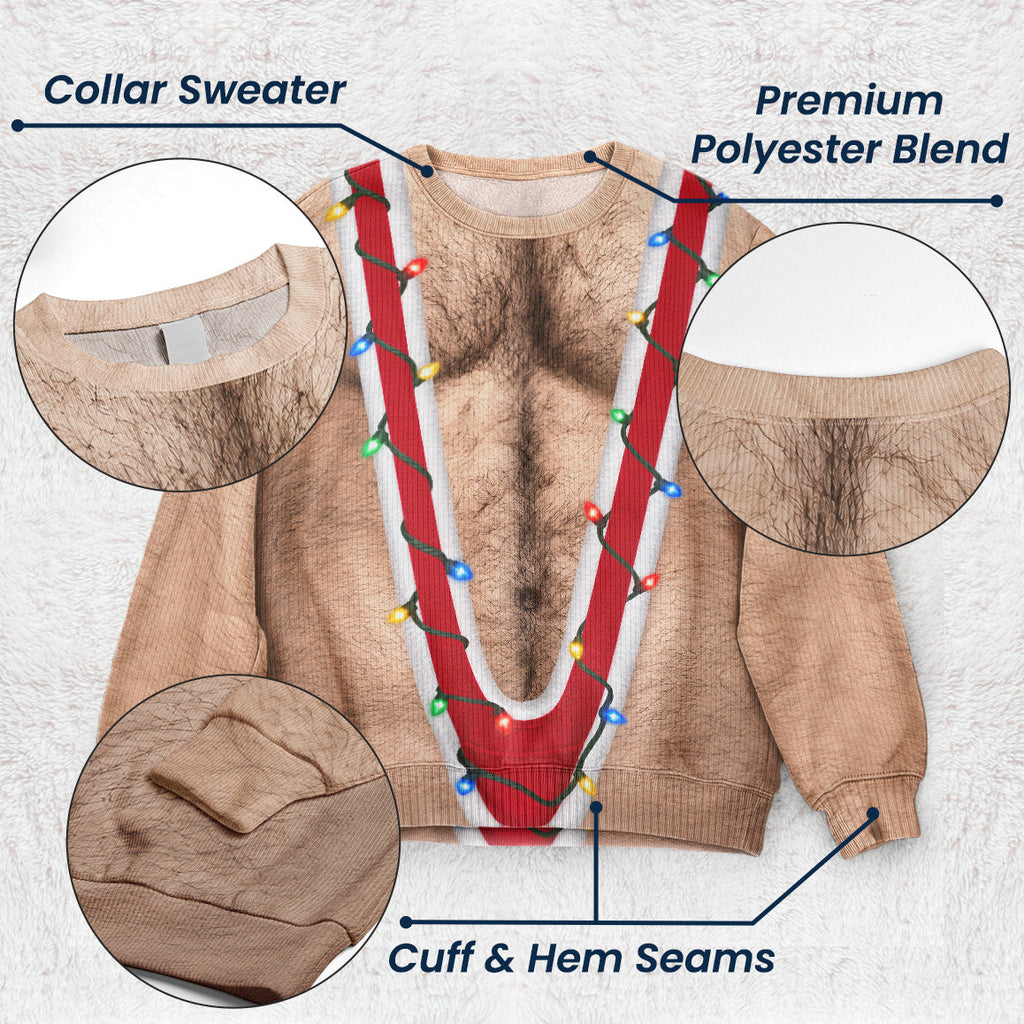 Funny Hairy Torso Suspender Optical Illusion Christmas Sweater, Gag Gift for Men, Holiday Ugly Sweater