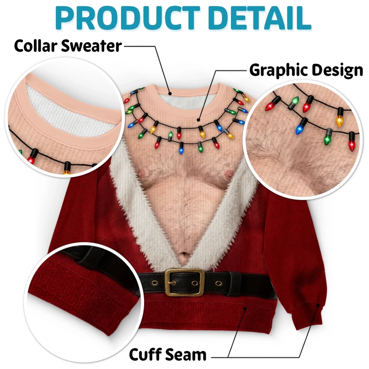 Custom Funny Ugly Christmas Sweatshirt‑Personalized "Santa Abs On Full Display Today" Crewneck, Novelty Fake Chest Illusion Holiday Gift for Husband, Dad, Son, Grandpa, Brother, Yourself