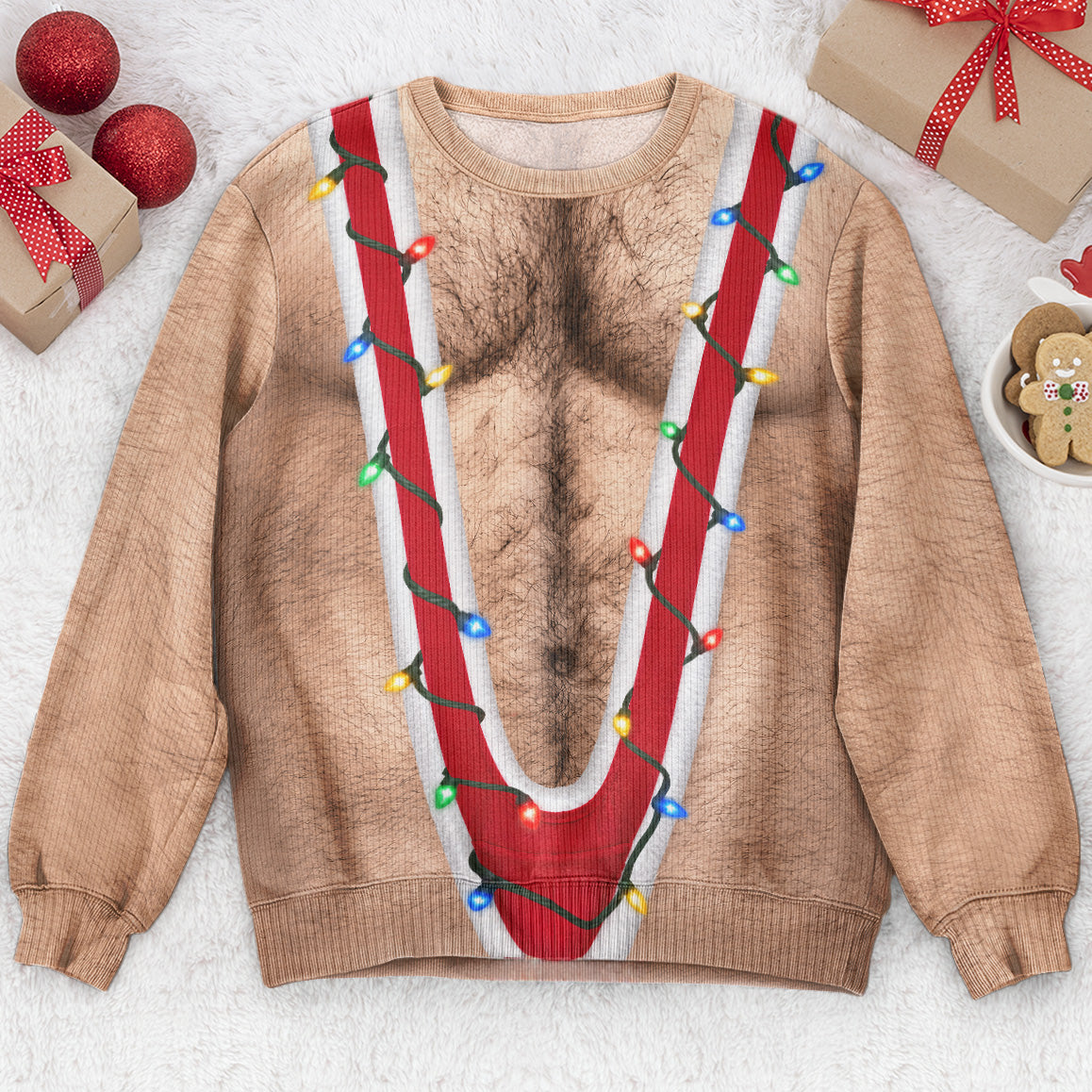 Funny Hairy Torso Suspender Optical Illusion Christmas Sweater, Gag Gift for Men, Holiday Ugly Sweater