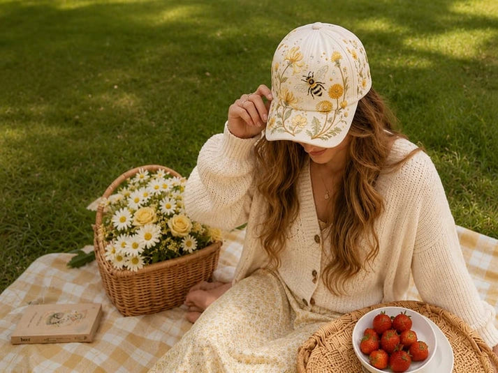 Garden Morning Baseball Cap, Vintage Floral Garden Baseball Cap, Cardinal Bird Bee Dragonfly Butterfly Hat, Nature Botanical Hat Gift