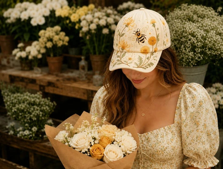Garden Morning Baseball Cap, Vintage Floral Garden Baseball Cap, Cardinal Bird Bee Dragonfly Butterfly Hat, Nature Botanical Hat Gift