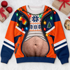 Hilarious Ski Jacket Hairy Belly Optical Illusion Ugly Christmas Sweater, Funny Winter Ski Suit Novelty Crewneck Sweatshirt For Ugly Sweater Party