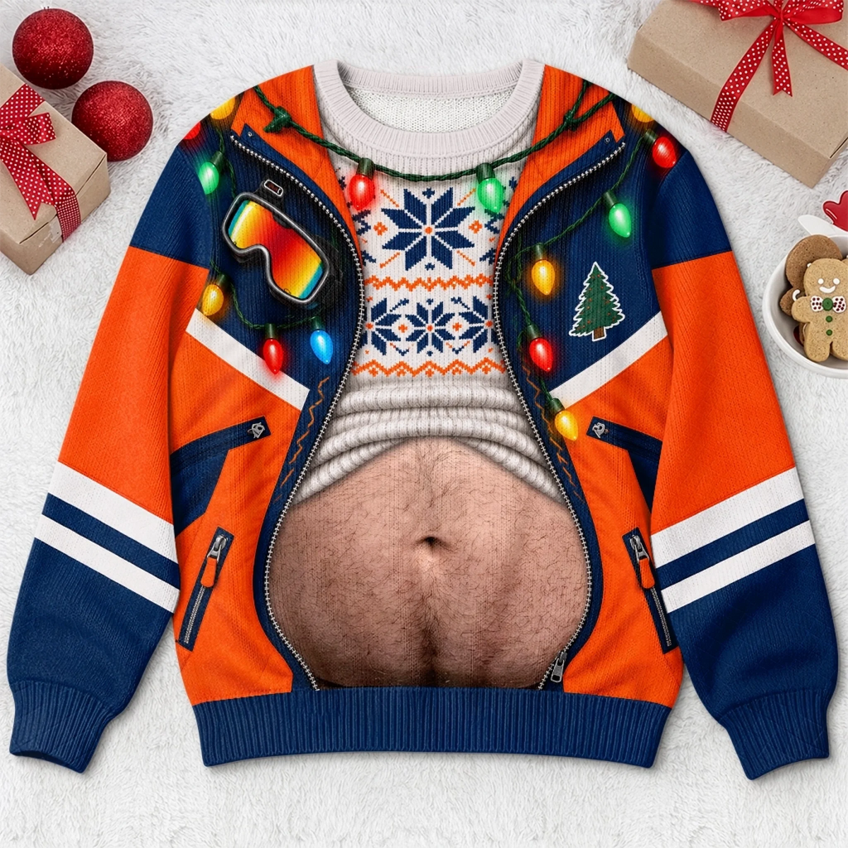 Hilarious Ski Jacket Hairy Belly Optical Illusion Ugly Christmas Sweater, Funny Winter Ski Suit Novelty Crewneck Sweatshirt For Ugly Sweater Party
