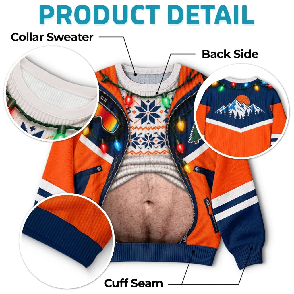 Hilarious Ski Jacket Hairy Belly Optical Illusion Ugly Christmas Sweater, Funny Winter Ski Suit Novelty Crewneck Sweatshirt For Ugly Sweater Party