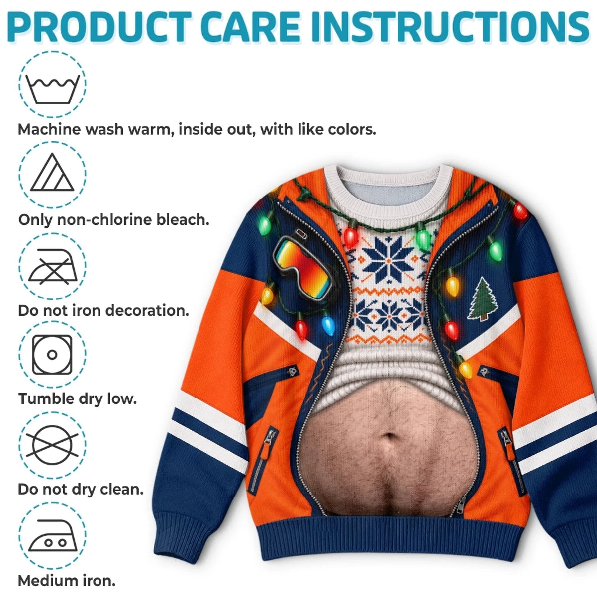 Hilarious Ski Jacket Hairy Belly Optical Illusion Ugly Christmas Sweater, Funny Winter Ski Suit Novelty Crewneck Sweatshirt For Ugly Sweater Party