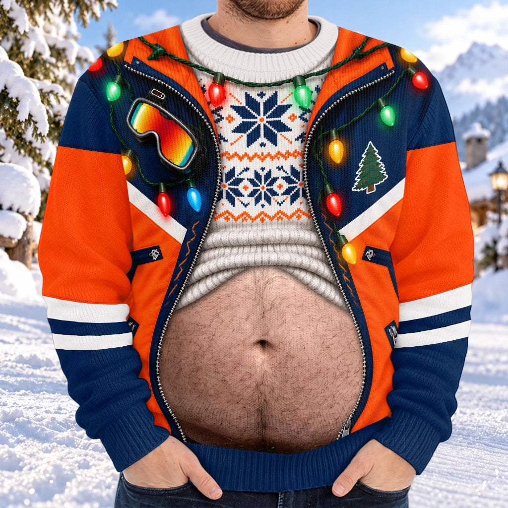 Hilarious Ski Jacket Hairy Belly Optical Illusion Ugly Christmas Sweater, Funny Winter Ski Suit Novelty Crewneck Sweatshirt For Ugly Sweater Party