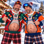 Hilarious Ski Jacket Hairy Belly Optical Illusion Ugly Christmas Sweater, Funny Winter Ski Suit Novelty Crewneck Sweatshirt For Ugly Sweater Party